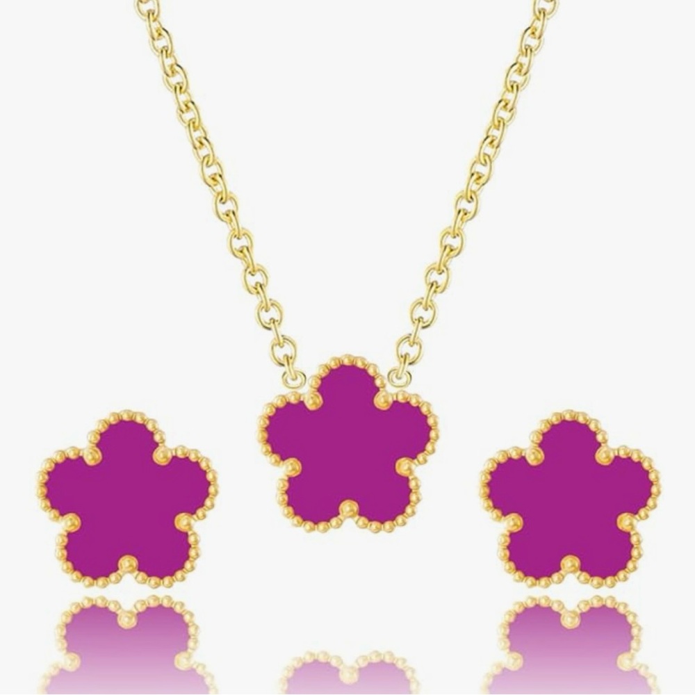 Elegant Gold and Hot Pink Flower Lucky Clover Pendant Necklace and Earring Set
